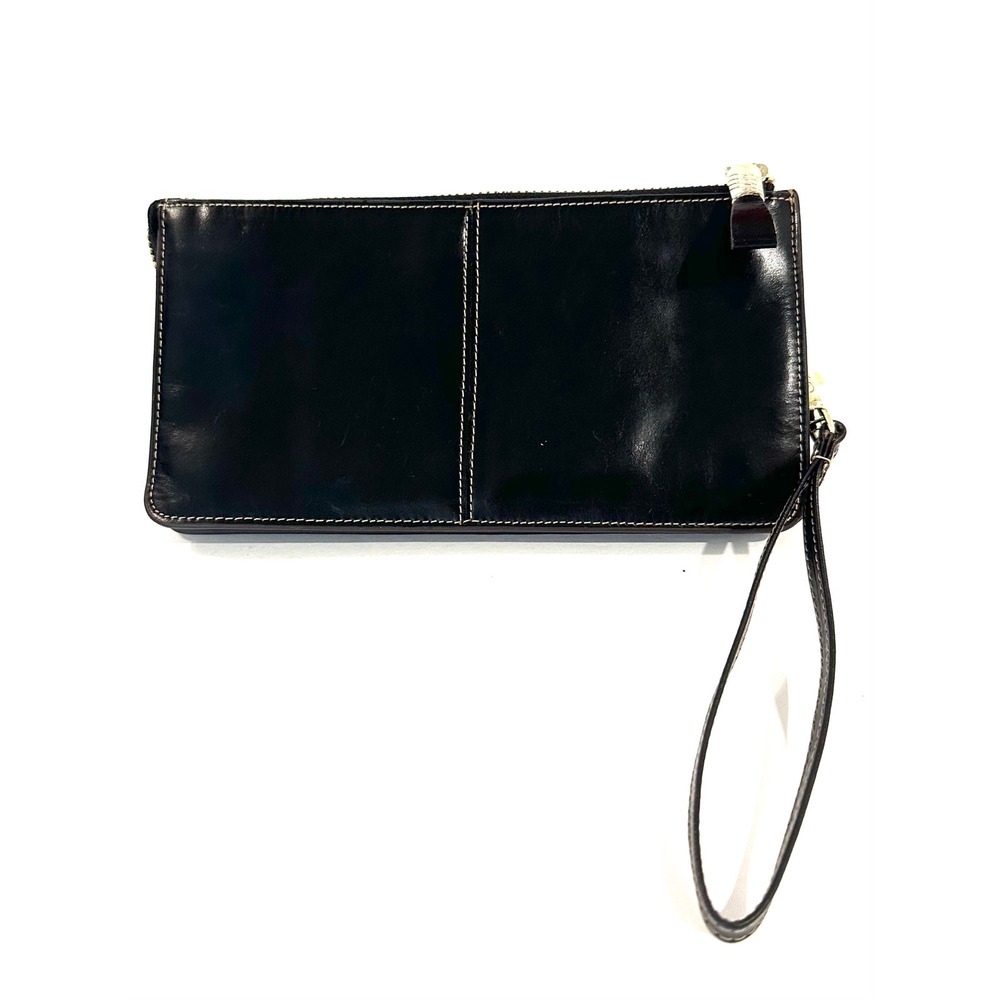 Lecxci Black Smooth Leather Wristlet Wallet Clutch Fits iPhone Pro Max EUC